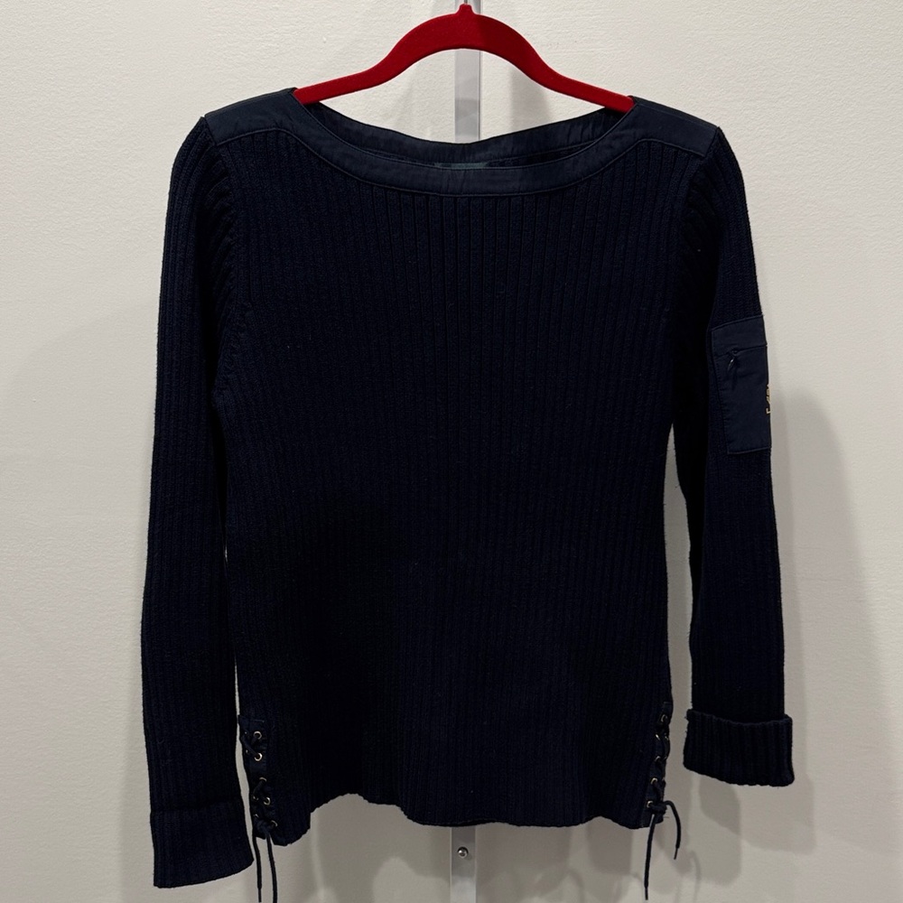 Lauren Ralph Lauren Navy Crew Neck Sweater Women Size M Cotton Lace Up Patch